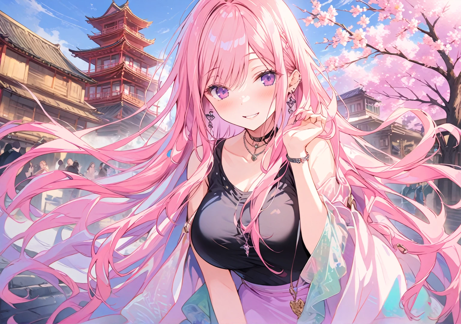masterpiece, Highest quality, whole body, One girl, bangs, black choker, blush, bracelet, chest, choker, clothes The surrounding area waist, clavicle, Cowboy Shot, ear Earrings, Eyebrows visible through hair, Gradient Hair, Grin, fix, jewelry, Kogal, Long Hair, View Viewer, Earrings, Red eyes, ring, , smile, alone, street, null, cherry blossoms, petal,figure, (magazine:1.3), (cover-style:1.3), fashionable, woman, Vibrant, Pause, front, colorful, dynamic, background, element, have confidence, Performance, Holding, statement, accessories, Majestic, Coiled, The surrounding area, touch, scene, article, cover, bold, to attract attention, title, stylish, font, Catchy, Heading, big, impressive, Modern, trend, concentrated, fashion,((masterpiece)), Highest quality, Absurd, Super detailed, Holographic, Cowboy Shot, ダイナミックなPause, Golden Ratio, Very cute girl, mature, Very beautiful, Super beautiful Asian with gorgeous purple eyes, Very beautiful hair, Shiny skin, nice and sexy body, Slim and delicate body, Perfect body, Cute Panties, Fox Headset, Get your picture taken in a cute alien spaceship,naked,Big Breasts,Sexy