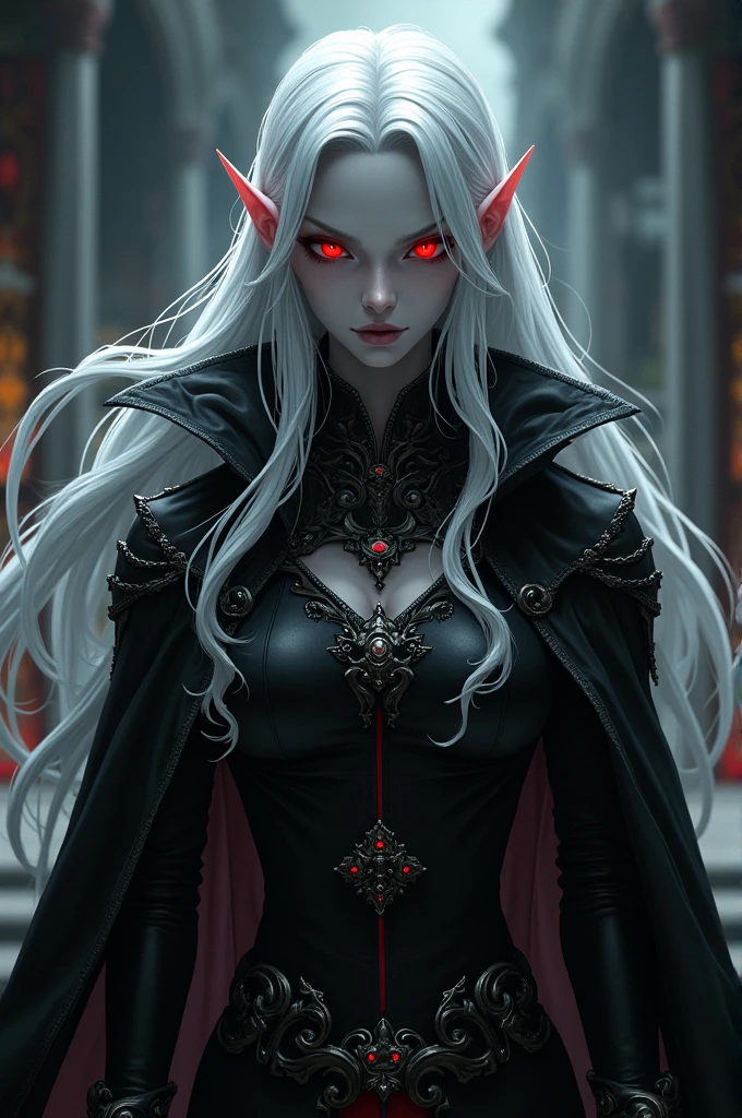 Dark elf woman with gray skin, long white hair and angry, serious red eyes, wearing medieval noble robes in black, Black Clover anime style