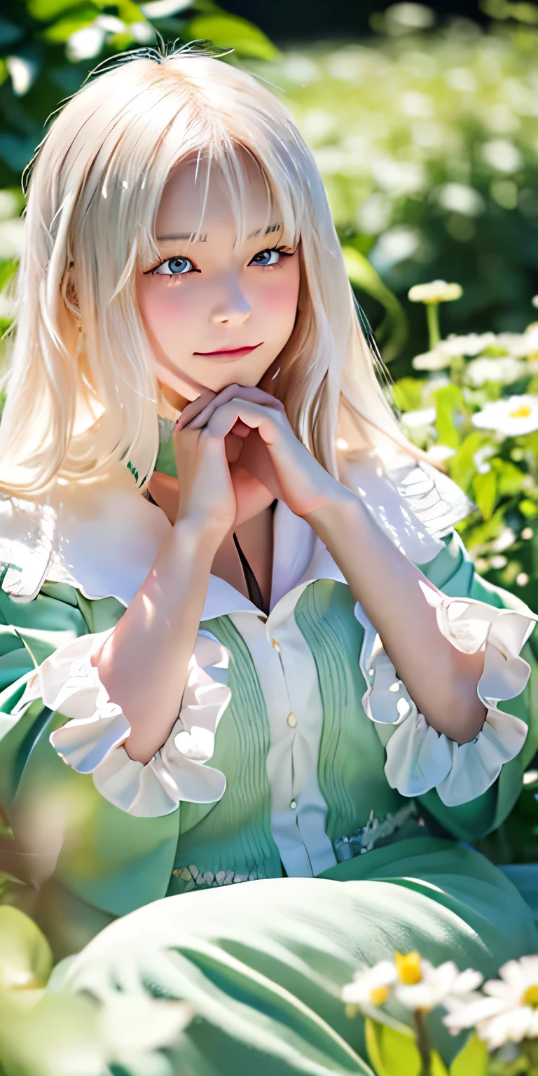 (masterpiece, best quality),1. Girl with long white hair sits in a field of green plants and flowers, her hand under her chin, Warm lighting, White Dress, Blurred foreground