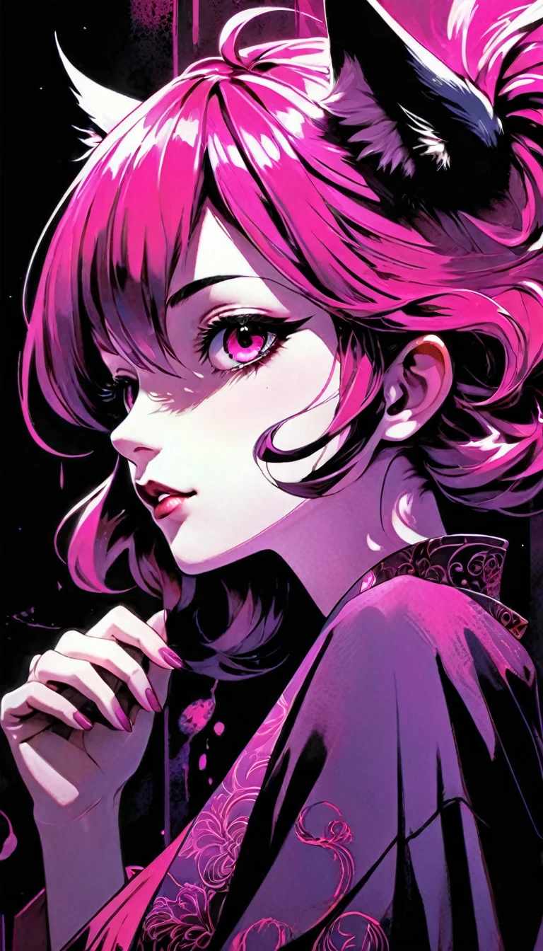 (two tails:1.1), cat tails, 1 nekomata, ruberite eyes, cat ears, magenta hair, (grin:0.8), (open mouth:0.8), fang, cute, bewitching, medium breasts, open yukata, (sandals:0.9), all fours, paw pose, head tilt, magenta moon, (magenta dirt:0.8), (tombstone:0.9), magenta graveyard, magenta fog, (backlighting:0.9), sharp focus, looking at viewer, (from side:0.9), (intricate:1.1), (magenta tone:1.1), (black tone:0.6), llustration, (anime coloring:1.1), high contrast, BREAK (masterpiece:1.2), (best quality:1.2), (very aesthetic:1.2), (absurdres:1.2), (detailed background), newest, ai-generated, (intricate details:1.2),eroticism, sexy, black and white image, between shadows, oil painting, chiaroscuro, sensual, dramatic lighting, moody atmosphere, photorealistic, intricate details, masterpiece, ultra-detailed, high quality, 8k, best quality, realistic, cinematic, dark and brooding, expressionistic, powerful composition, emotional impact, art inspired by Bill Sienkiewicz and Dave McKean