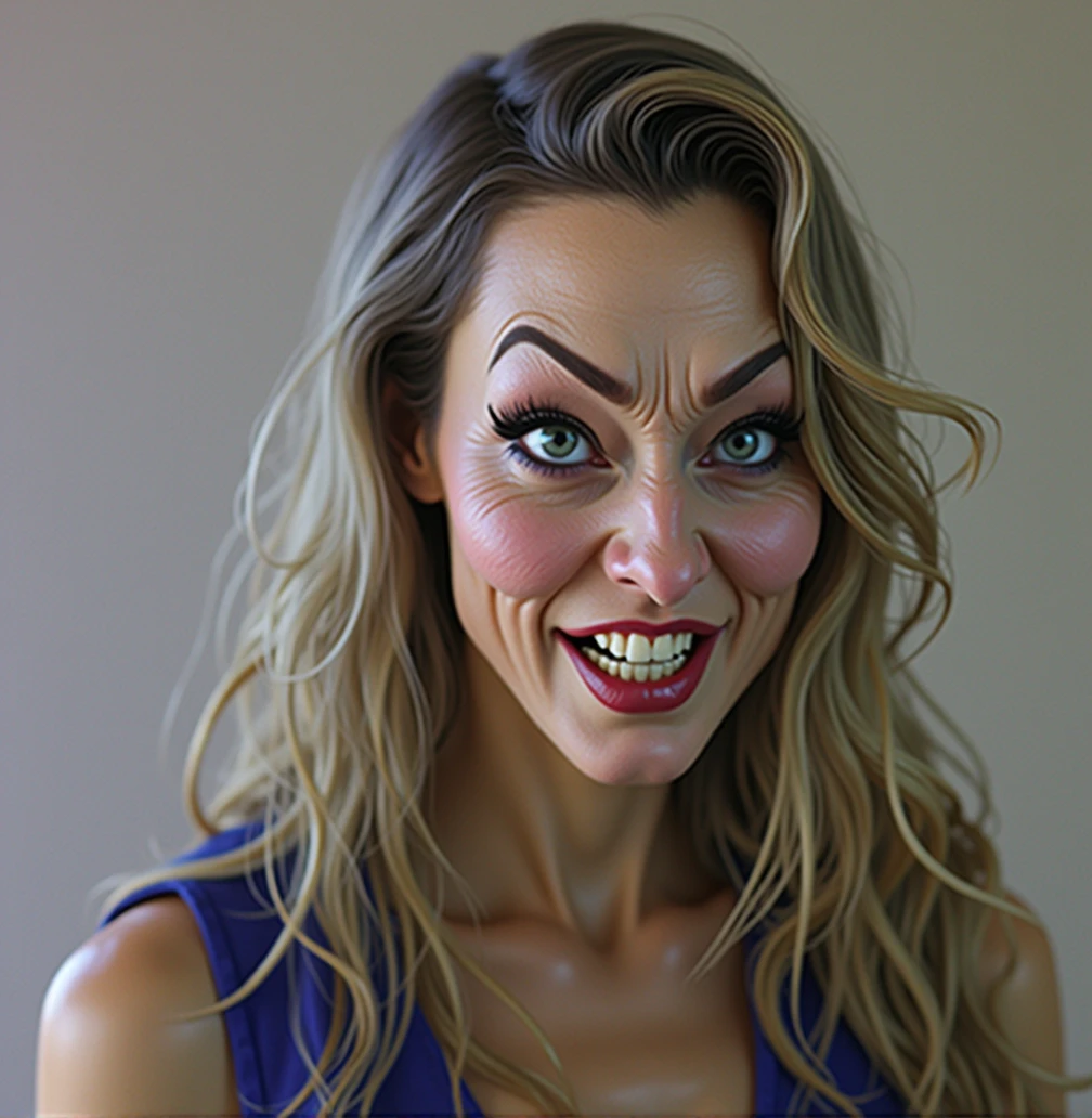 a detailed beautiful sexy evil witch with a big long nose, big inflated forehead, long blonde hair, eyebrows raised seductively, perfect teeth, big teeth, wearing a blue dress, evil laugh, cinematic lighting, hyper realistic, 8k hd resolution, highly detailed, photorealistic, masterpiece, cartoonishly big evil eyes