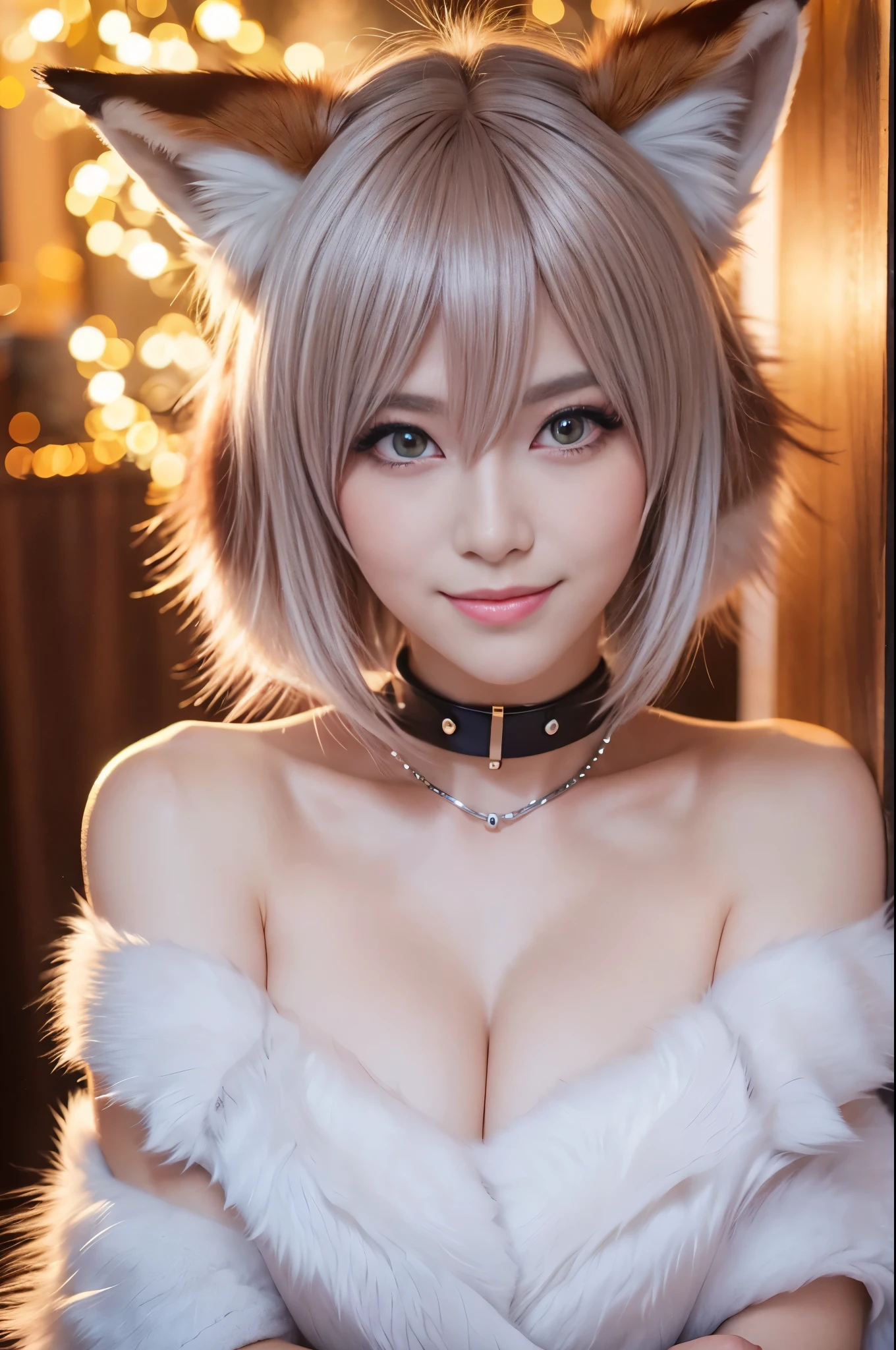 sexy swedish model, (-anime), only 1 model, very short hair, beautiful smile, lip-gloss, long lashes, defined eyebrows, long fur fox color scheme, ((long fur fox cosplay)), fox ears, fox tail, fox choker, look at the camera, cinematic light, (sparkling long fur background), sweet and sexy pose