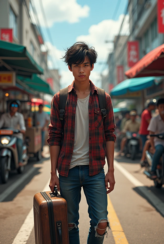 A handsome young Thai man with messy hair, not smiling, looking lonely, wearing a plaid shirt and ripped jeans, carrying a suitcase. At the bus station, there are buses, rickshaws, motorcycles, and vendors selling grilled chicken.