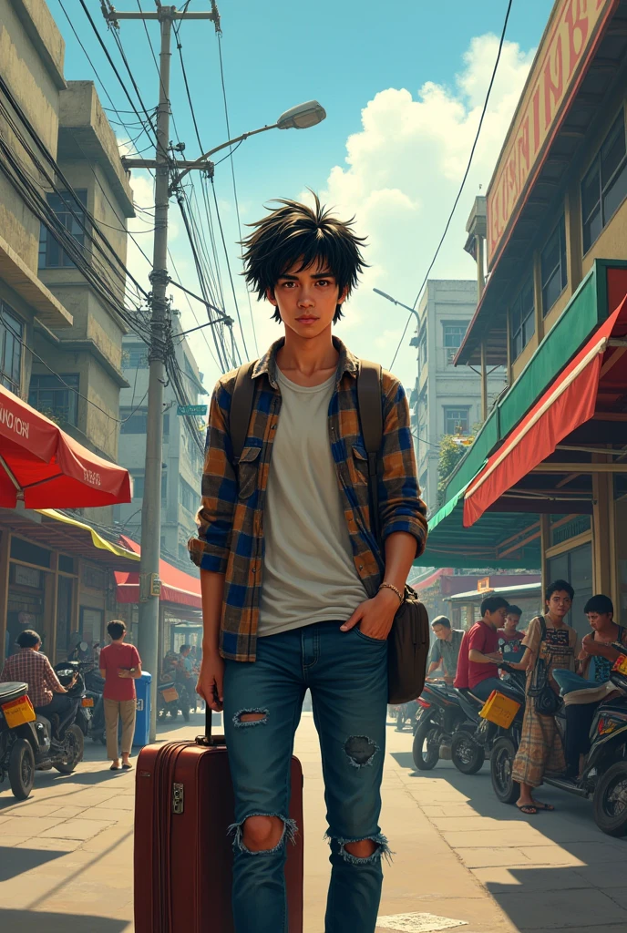 A handsome young Thai man with messy hair, not smiling, looking lonely, wearing a plaid shirt and ripped jeans, carrying a suitcase. At the bus station, there are buses, rickshaws, motorcycles, and vendors selling grilled chicken.