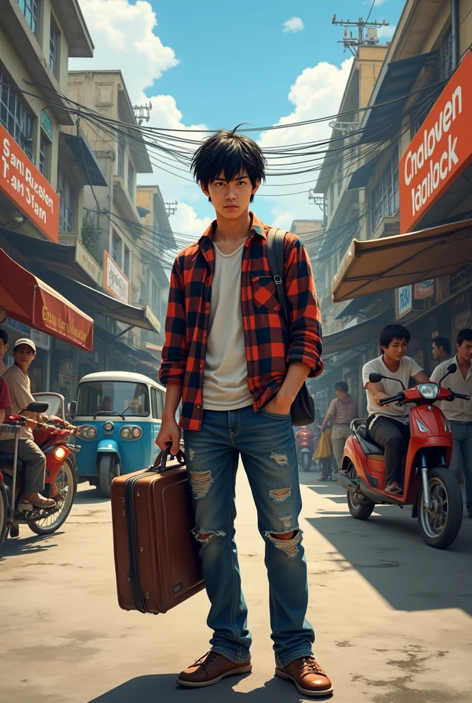 A handsome young Thai man with messy hair, not smiling, looking lonely, wearing a plaid shirt and ripped jeans, carrying a suitcase. At the bus station, there are buses, rickshaws, motorcycles, and vendors selling grilled chicken.