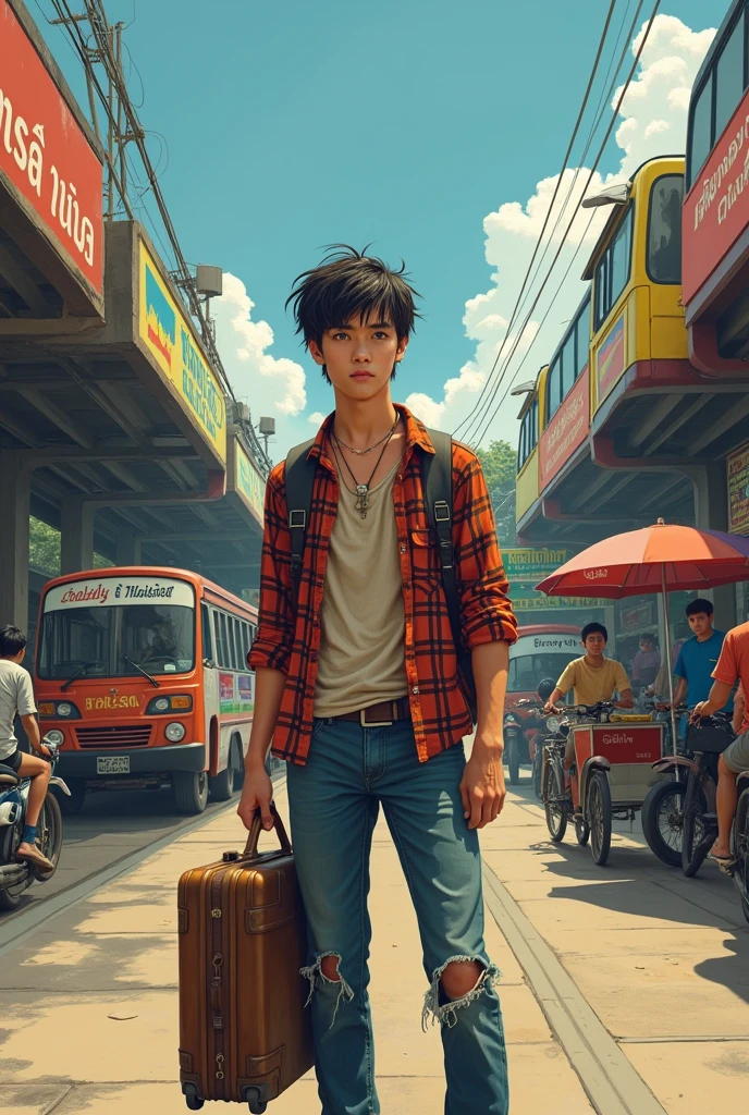 A handsome young Thai man with messy hair, not smiling, looking lonely, wearing a plaid shirt and ripped jeans, carrying a suitcase. At the bus station, there are buses, rickshaws, motorcycles, and vendors selling grilled chicken.