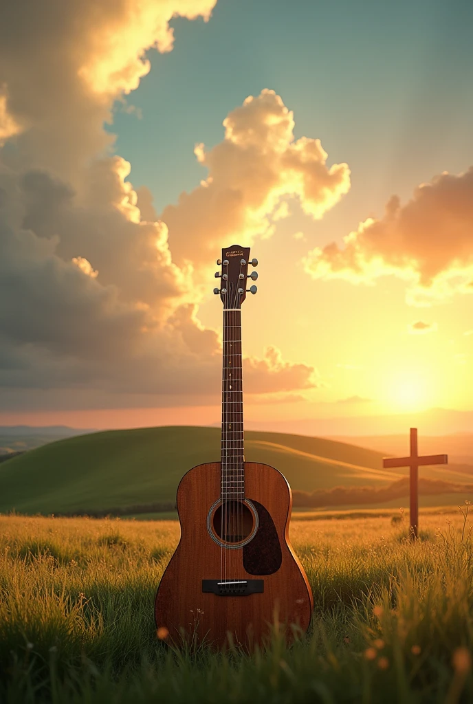 A guitar in the middle of a field with clouds and in the background a sunset and between the sunset a cross