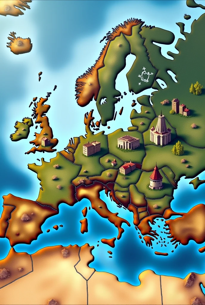 Map of Europe with panoramas of the 16 largest capitals