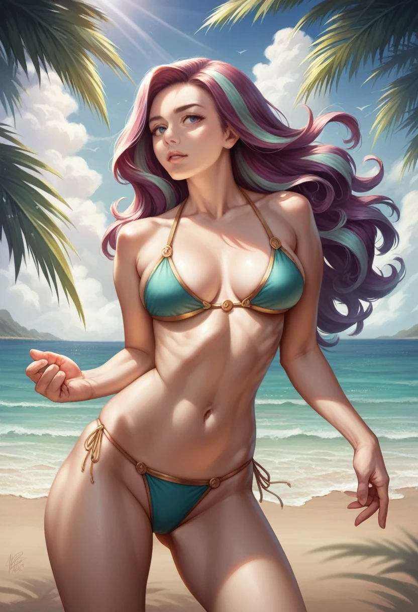 A beautiful  girl, athletic physique, wearing a bikini, standing on a tropical beach, wind blowing through her hair, sunlight shimmering on the waves, detailed skin texture, intricate facial features, dynamic pose, golden hour lighting,8k, ultra-detailed,photorealistic,professional,vivid colors,masterpiece