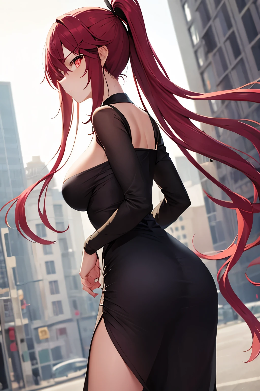 (masterpiece), best quality, BREAK, expressive eyes, (perfect face), 1girl, BREAK,( very long hair, red hair, ponytail), BREAK, (red eyes, agressive eyes, detailed eyes), BREAK, (unpleasant facial expression), BREAK, (very tall height), (skinny build), BREAK, (black dress), BREAK, (downtown), BREAK, (standing), (sideview)