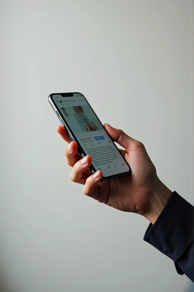 A male hand holding a cellphone with an Instagram profile to follow, bottom right angle.
