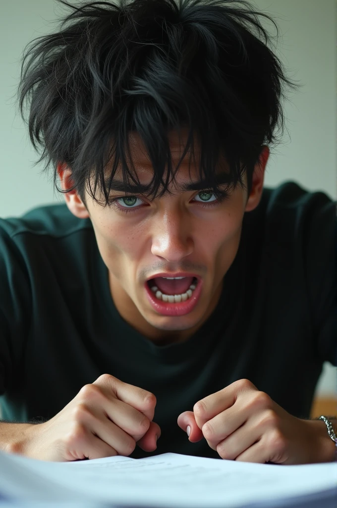 Black-haired man with green eyes and eyebrow piercing getting 20 on an exam