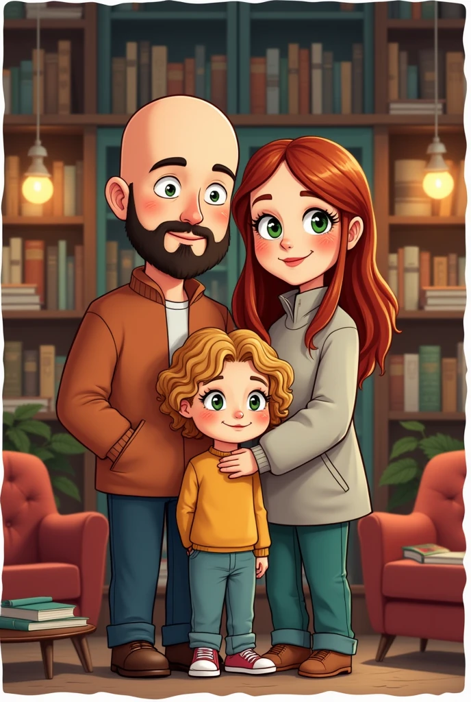 A family, A white man, Cao Cao, calvo, black beard, greeneyes, ao lado de uma mulher white de greeneyes com o cabelo castanho-acobreado, straight and without bangs parted in the middle, next to an 18 year old girl, white, greeneyes, curly and blonde hair, in a bookstore, illustration style, sticker