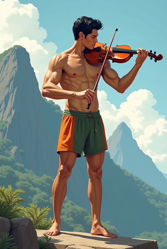 illustration that evoke stoicism men from 25 years old, shirtless, barefoot, strong, slim body Importance of Reason Style: Scientific realism, with a focus on detail and precision. Color palette: Cool, neutral tones (navy blue, gray, white) to convey clarity and objectivity. Expression: A concentrated and determined gaze, brow slightly furrowed in thought. Setting: Latino, slim toned fitness body, defined muscles, perfect anatomy, short black wavy hair, Roman nose, thin lips, square chin, diamond shaped face, barefoot, shirtless, wearing orange and green shorts, standing playing the violin background, you can see corcovado mountain in brazil