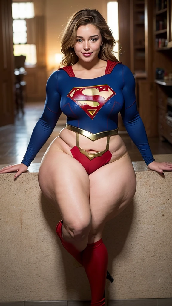 1sexy girl, wearing torn supergirl costume, flying, firm body, BRUNETTE hair, shining blue eyes, sultry posing. (Thick thighs:1.3) ((PAWG BODY)) (CLEAVAGE:1.2)