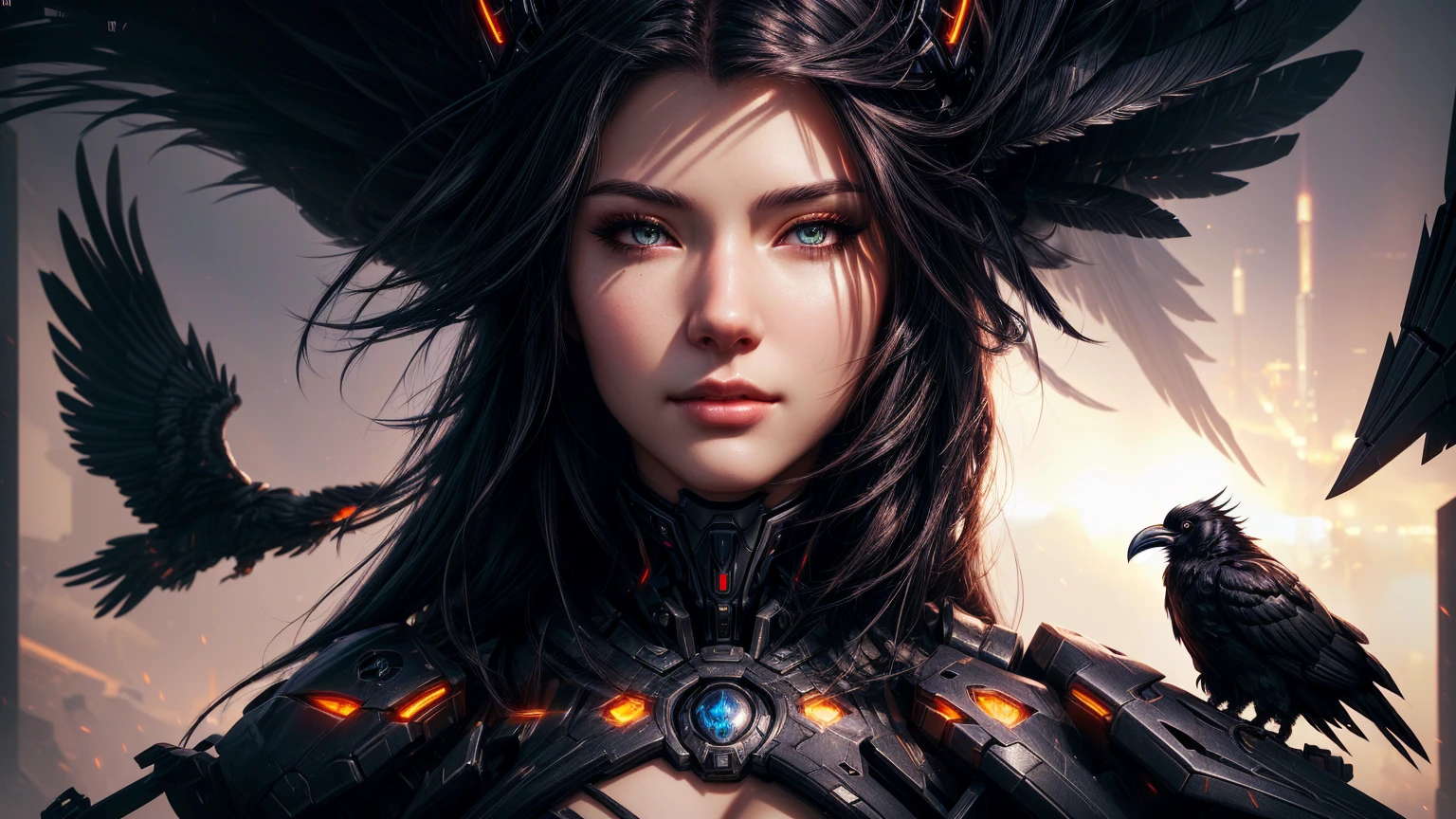 mecha raven style hairs, steel mechanical raven head with hairs, sci-fi, a close up of a sexy woman - sci-FI with a sci fiorer on her face, Mechanical raven IN HAIRS, glowing light feathers in hairs, fiol glowing eyes, hd , cinematic, cinematic light, dinamic, rossdraws portrait, fantasy concept art portrait, wojtek fus, rossdraws 2. 0, rossdraws 1. 0, rossdraws digital painting, epic fantasy digital art style, cgsociety portrait, rossdraws global illumination, :: rossdraws, alexandra fomina artstation