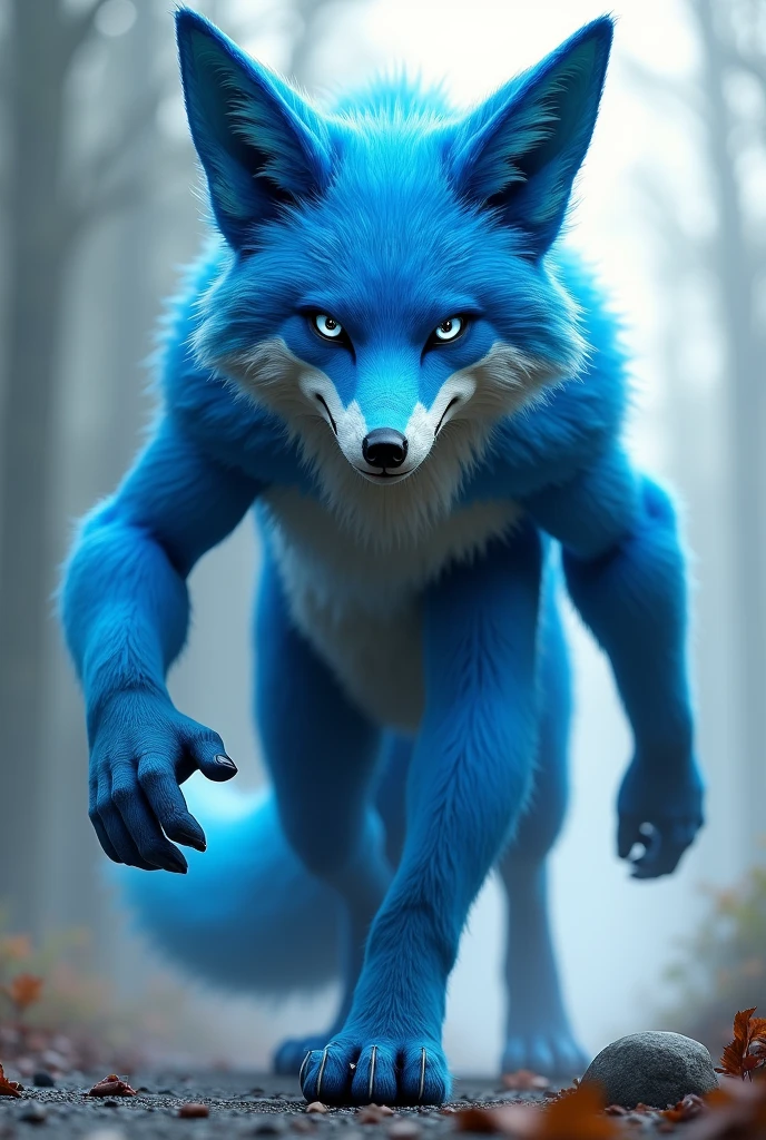 A humanoid fox larger than a human with blue fur with shades of blue and all-white eyes walking towards the camera.