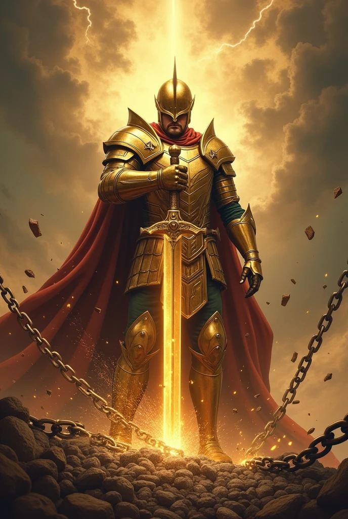 Description of the cover:
fund: The cover background should be a landscape with sky light, maybe a sky and lightning shining in the distance. This setting creates an epic, intense and brilliant tone.. some points of lights floating around Soldier: In the center of the cover, there is an imposing soldier, dressed in a golden and bright armor based on Ephesians 6 of the bible with a golden helmet and detailed, a dove symbolizing the holy spirit AT THE TOP Action: The soldier is in a dynamic pose,with his golden helmet holding a large and powerful sword that is cutting heavy chains. chains being destroyed The chains break in several directions, with fragments flying around, many broken chains symbolizing liberation and the breaking of bonds.
expression: your posture conveys strength and confidence.
Additional Detail: Add subtle elements of sparkle, lots of light around his head and light around the broken chains and sword to highlight the action and the sense of power. Small touches of light can also be added to the armor to give it a more heroic effect..and many broken chains the author's name " damaris machado must be in a grand and imposing source, possibly gold or silver, to contrast with . The name of the author Damaris Machado can be at the bottom of the cover, in a smaller but still readable font, perhaps in white or a color that complements the title.