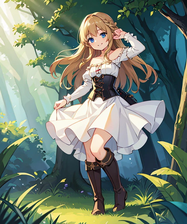 Masterpiece, superlative, 1 girl, solo, fantasy, full body, simple white dress, off the shoulder, wench dress, dark green corset, knee high leather boots, leather arm guards, long dark blonde hair, blue eyes, soft lighting, happy smiling expression, in the woods, fairy bloodline