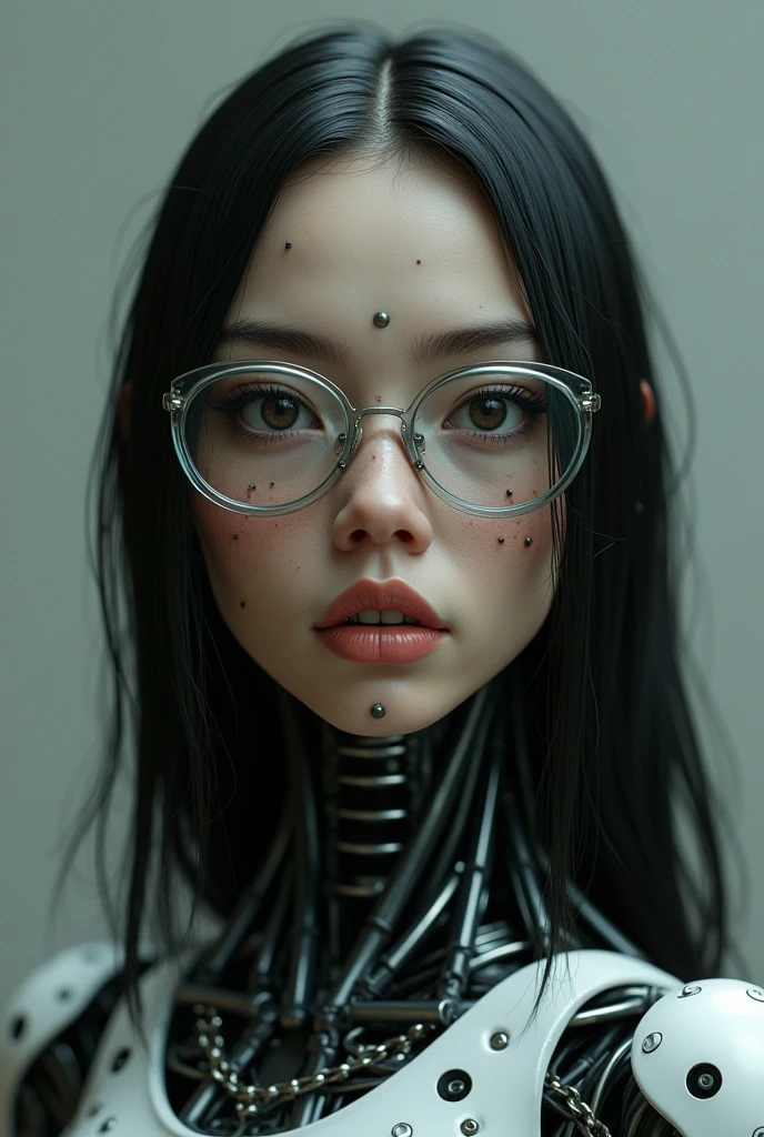 8k, illustration, a young woman with long, straight hair, with spots on her face, Brazilian face, transparent glasses, robotic body, creepy, horror, sharp focus, robotic, surreal, intricate, fantasy