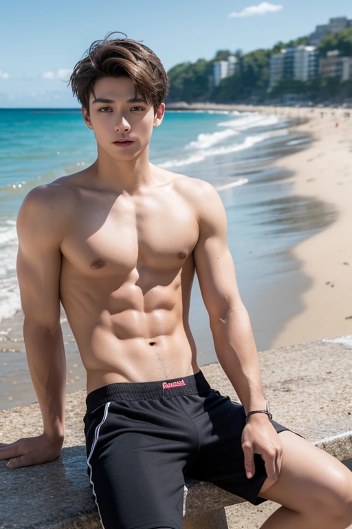 , Short brown hair, handsome, young boy, boy,Wear only a thong, The crotch protrudes., sitting on the beach