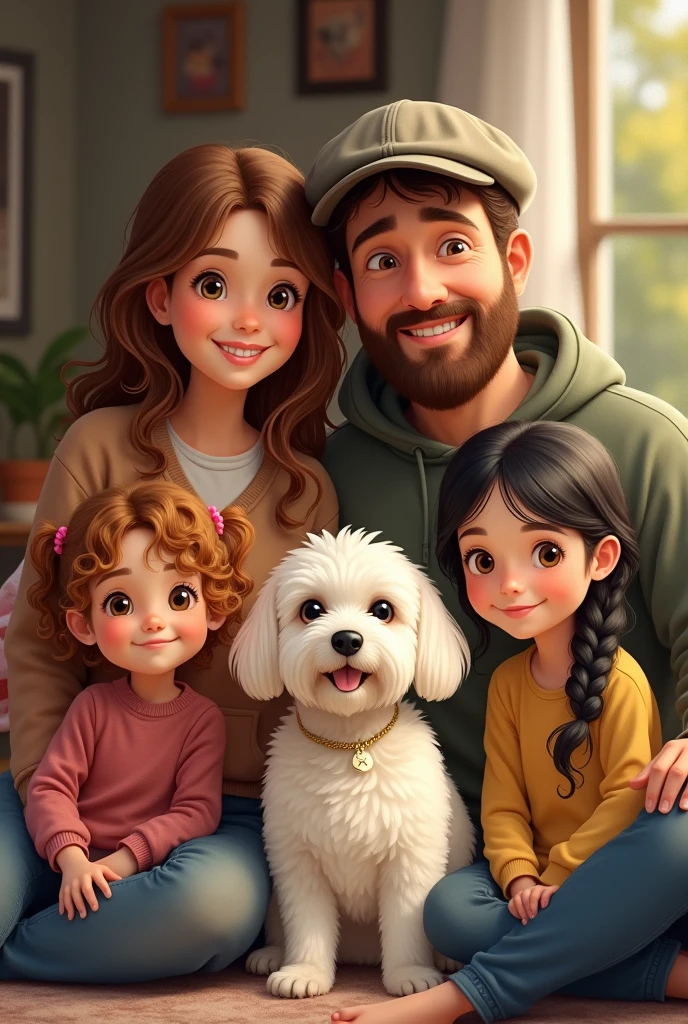 family, a 41-year-old mother with brown hair, a 41-year-old father with a cap and beard, a -yeld dater with curly light brown hair, a 10-year-o daer wiblack hair and skinny, white Lhasa dog