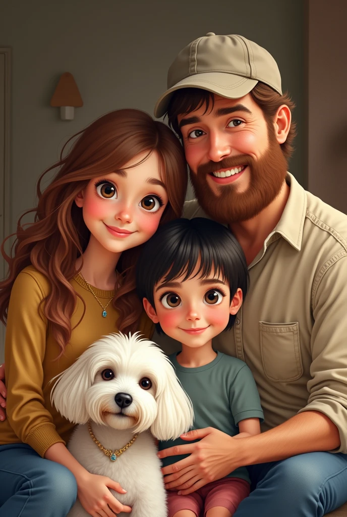 family, a 41-year-old mother with brown hair, a 41-year-old father with a cap and beard, a -yeld dater with curly light brown hair, a 10-year-o daer wiblack hair and skinny, white Lhasa dog