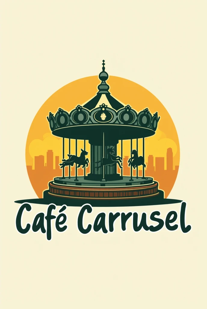 “Create an logo for a board game-themed coffee shop called &#39;Café Carrusel&#39;, Use dark green colors (#2E865F) for the carousel and the pieces, wood (#964B00) for the circle and the details, and yellow (#F7DC6F) for accents and text. The typography must be modern and legible open sans