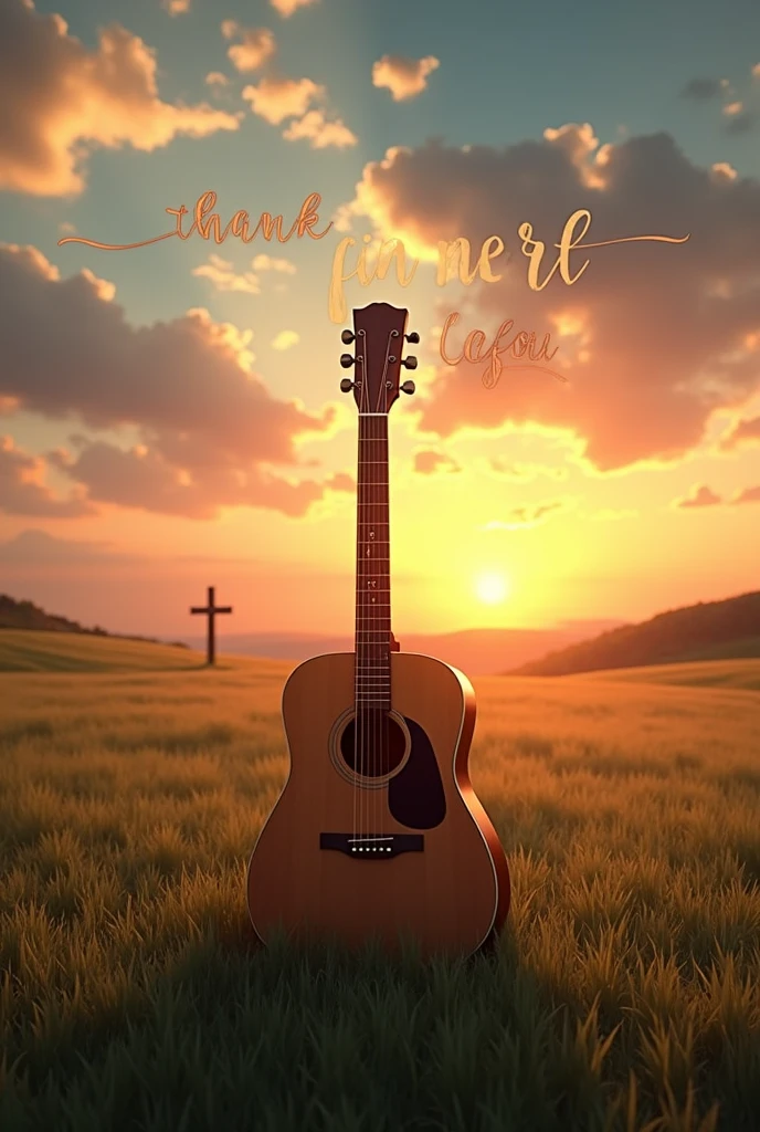 A guitar in the middle of a field with clouds and in the background a sunset and between the sunset a cross and around the guitar the word thank you
