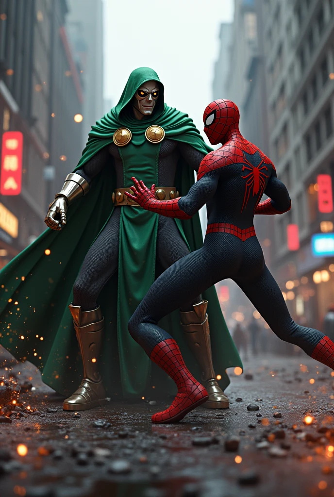 create an image of Doctor Doom fighting Spider-Man in a black suit