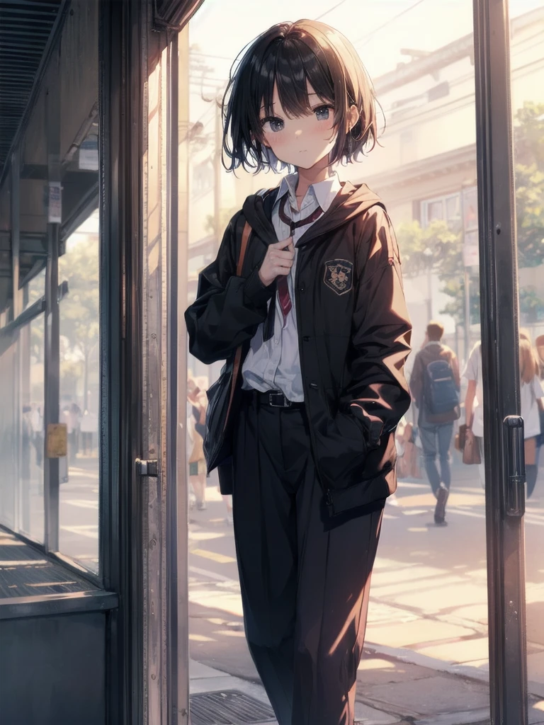 God quality,  anime moe artstyle,best anime 8k konachan wallpaper,badass anime 16k,perfect ???????, (Please draw a girl walking sleepily to school. :1.3),break, 1girl, (Solo,,child,13-year-old:1.5),a junior high school student, androgynous charm, (Very Short hair), Full limbs, complete fingers,flat chest, Small butt, groin, Small eyes,beatiful detailed black eyes,disgusted eyes, school Uniform, in the School commute route. break,ultra-detailed,high resolution,super detailed skin, professional lighting,(god illustration:1.2),