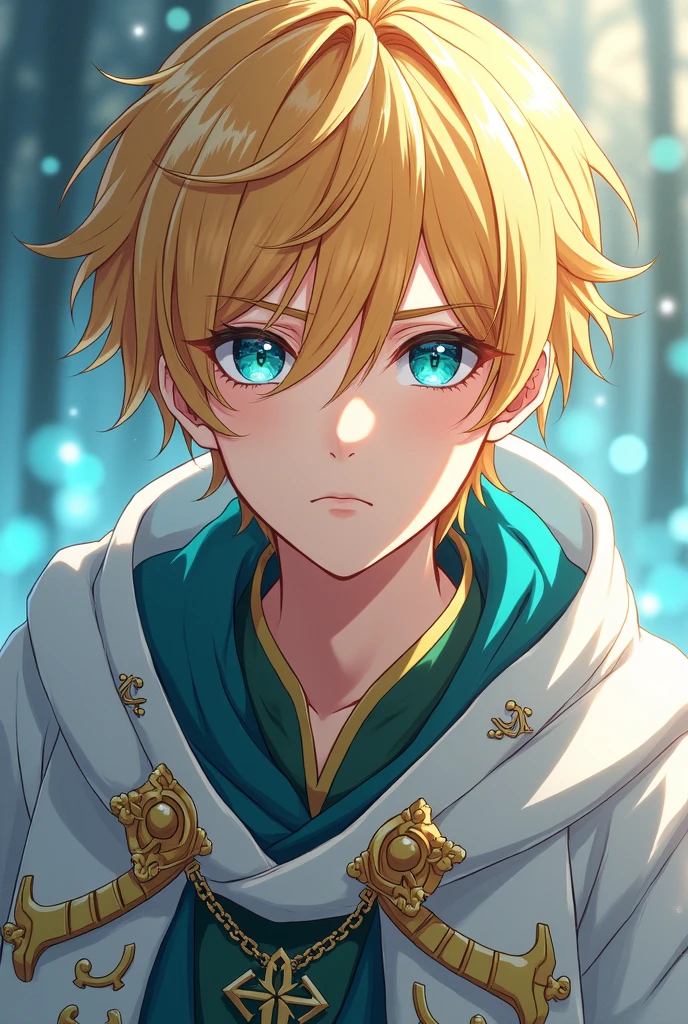 Goldhaariger Mann, short hairs, in priestly robe, sea blue eyes, Anime Style