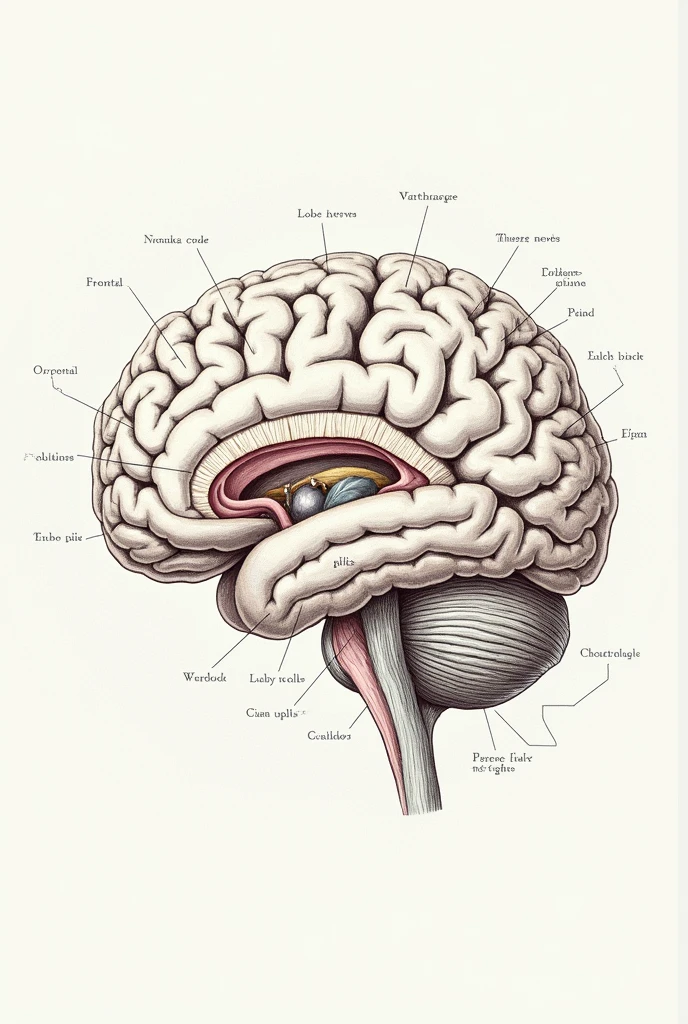 a) Make a hand drawn diagrammatic illustration of the brain showing the cranial nerves and lobes