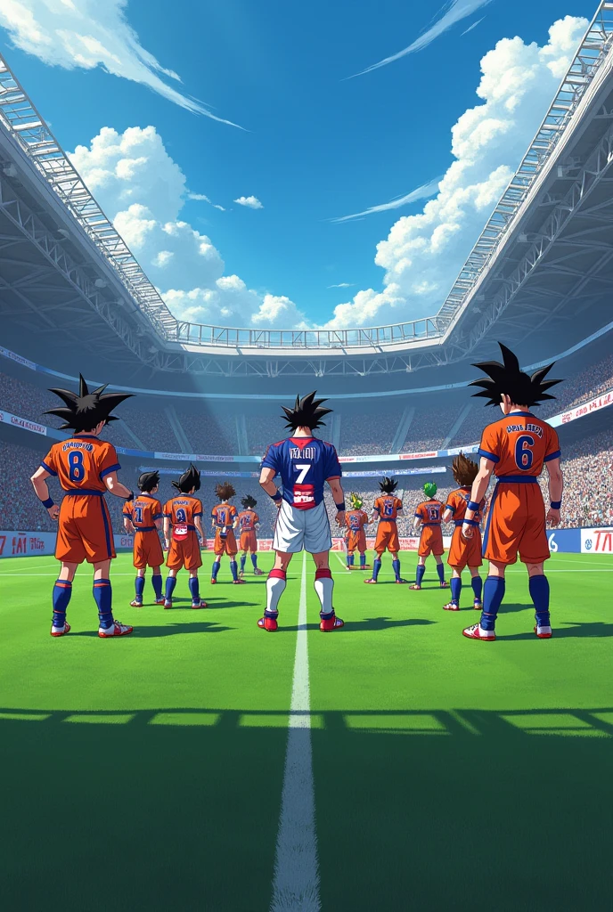 Le parc des princes avec tous les personnages de dragon ball z qui portent le maillot du paris saint germain