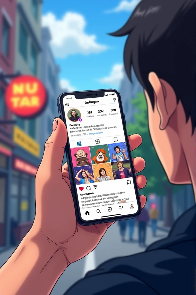 A male hand holding a mobile phone with an Instagram profile open, low angle, right side, アニメ.