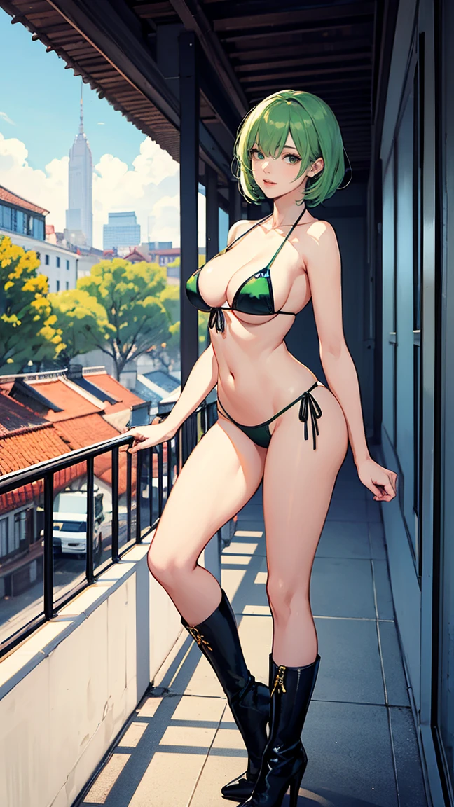 [Vin] a beautiful-looking girl, human, female, 25, short green hair, slim and curvaceous figure, wearing micro bikini and high heeled boots. Vin is relaxing in her house,, in the balcony, overlooking busy street.