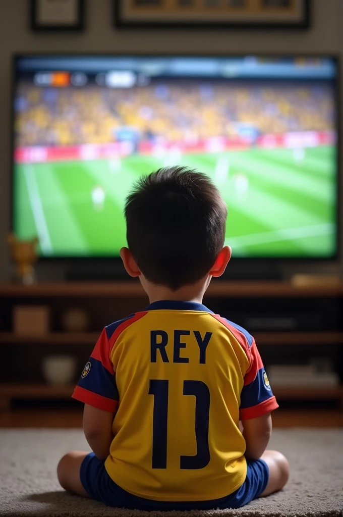 Child from behind wearing the Colombian national team shirt with the name Rey watching the TV screen