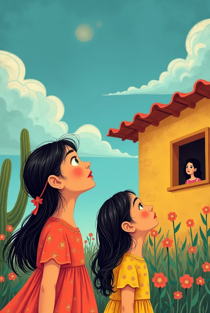 create a drawing that is like hand drawn inspired by the artwork "beds for dreams" by Carmen Lomas Garza in a Mexican style that does not specifically show a bed but two girls as if looking at the sky but that are also in the background and a house and the silhouette of a lady inside