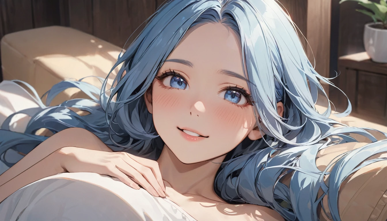 Adult, female, mature, long teal hair, messy teal hair, teal hair, perfect teal eyes, perfect teal irises, voluptuous figure, braless, sweaty, smell, arousal, (Masterpiece, Anatomically Correct, Accurate, Best Quality, Detail, High Details, Quality, Super Detailed, High Quality), laying on pillow, smiling, loving, content, close up, headshot, side view, (SuperQuality:1.0) ~ (SuperQuality:1.2)