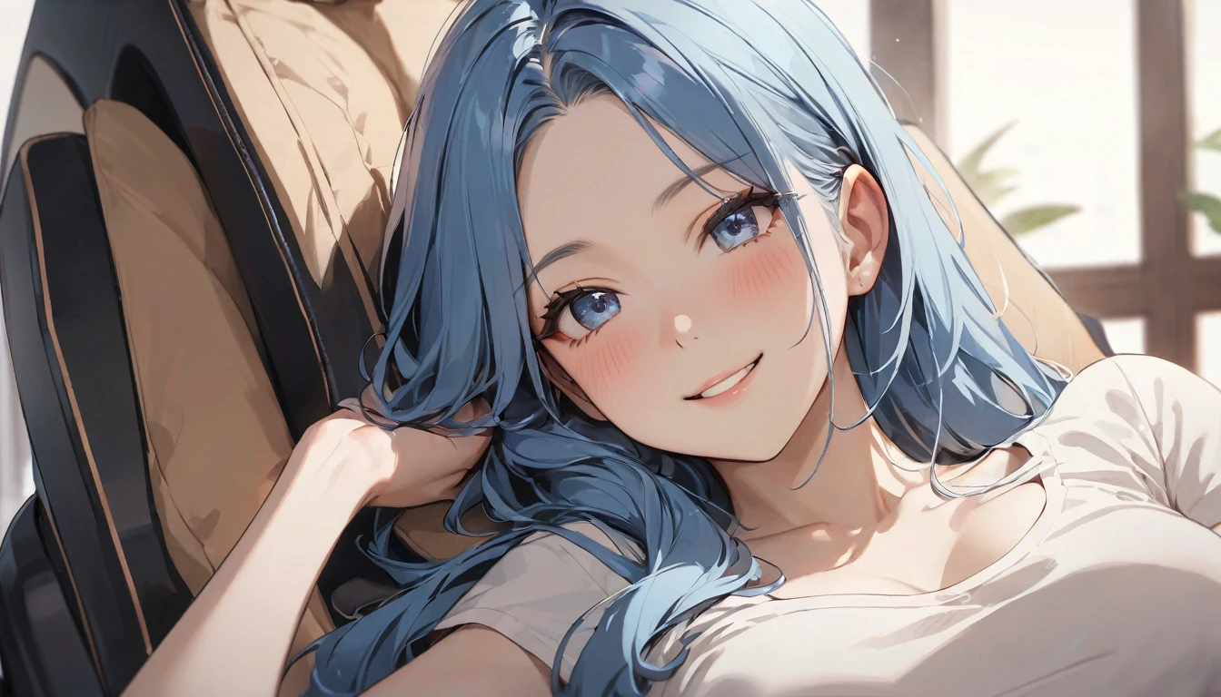 (master lie down on Latest massage chair) (Get a massage from a massage chair), (relax style), (solo:2, 15 yo), (beautiful detailed forehead) (beautiful best blue hair long hair) (best cute girl) (immensely cute blue eyes) (ecstasy smile, blushing face), break, in the massage room, BREAK, perfect anatomy, masterpiece, best quality, 16k, beautiful detailed grow, daydreaming expression.