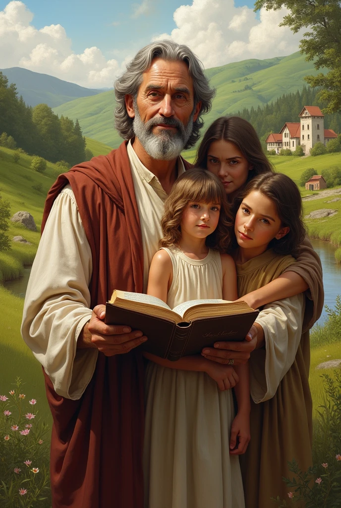 Make an image of a man representing the Bible with his family