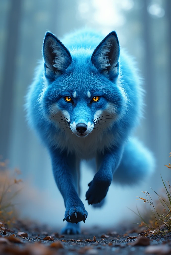 A humanoid fox larger than a human with blue fur with shades of blue with all-white eyes running towards the camera