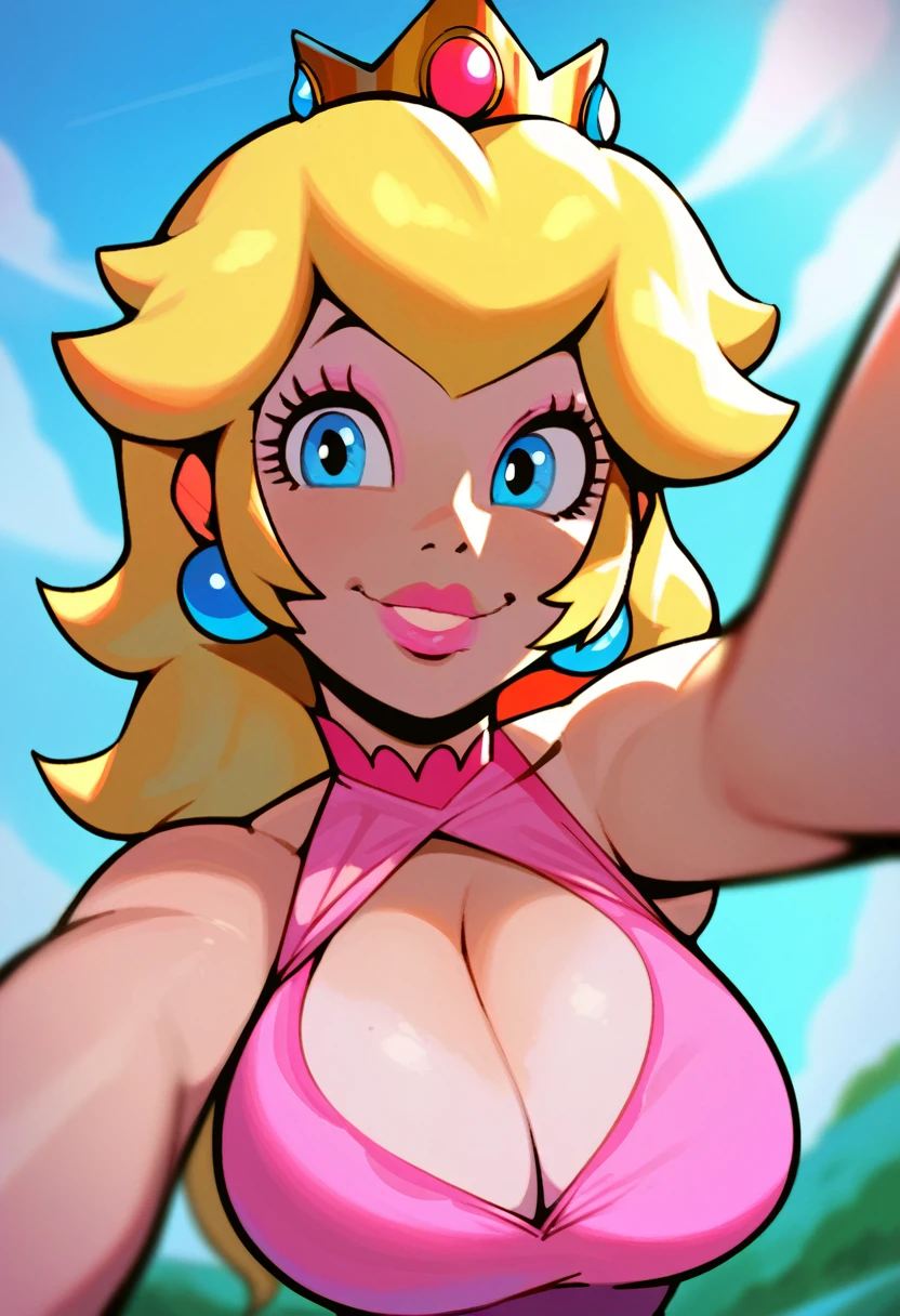 score_9, score_7_up 1girl, solo, (princess peach):0.75, selfie, cleavage, sleeveless, bare shoulders, portrait, light smile, makeup, depth of field, blue sky, large breasts