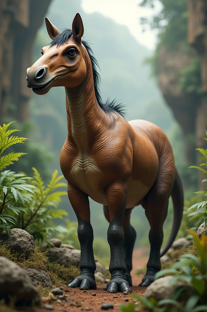 Create a brown dinosaur with a round head and a horse body