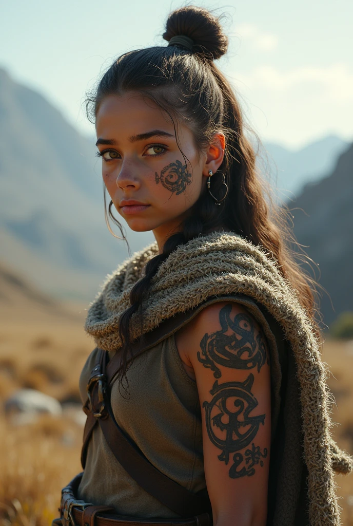 viking girl, viking tattoos, light clothing,