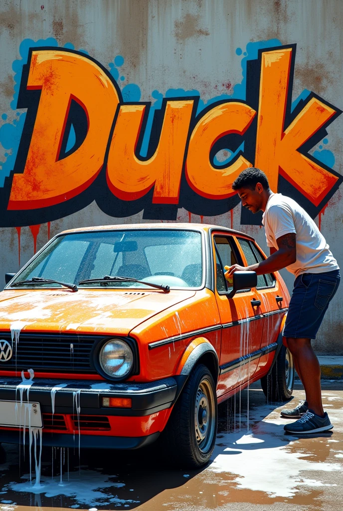 A graffiti style drawing of a man washing a Volkswagen Santana car and on the wall it says: duck