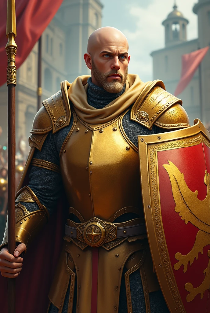 Male knight, medieval, gold british armor, big shield and lance, blue eyes, bald, blonde short beard, young, realistic art, video game style, rpg style