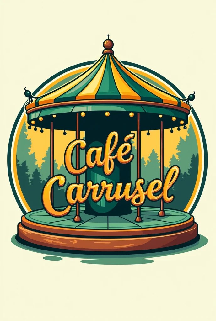 “Create an logo for a board game-themed coffee shop called 'Café Carrusel', Use dark green colors (#2E865F) for the carousel and the pieces, wood (#964B00) for the circle and the details, and yellow (#F7DC6F) for accents and text. The typography must be modern and legible open sans