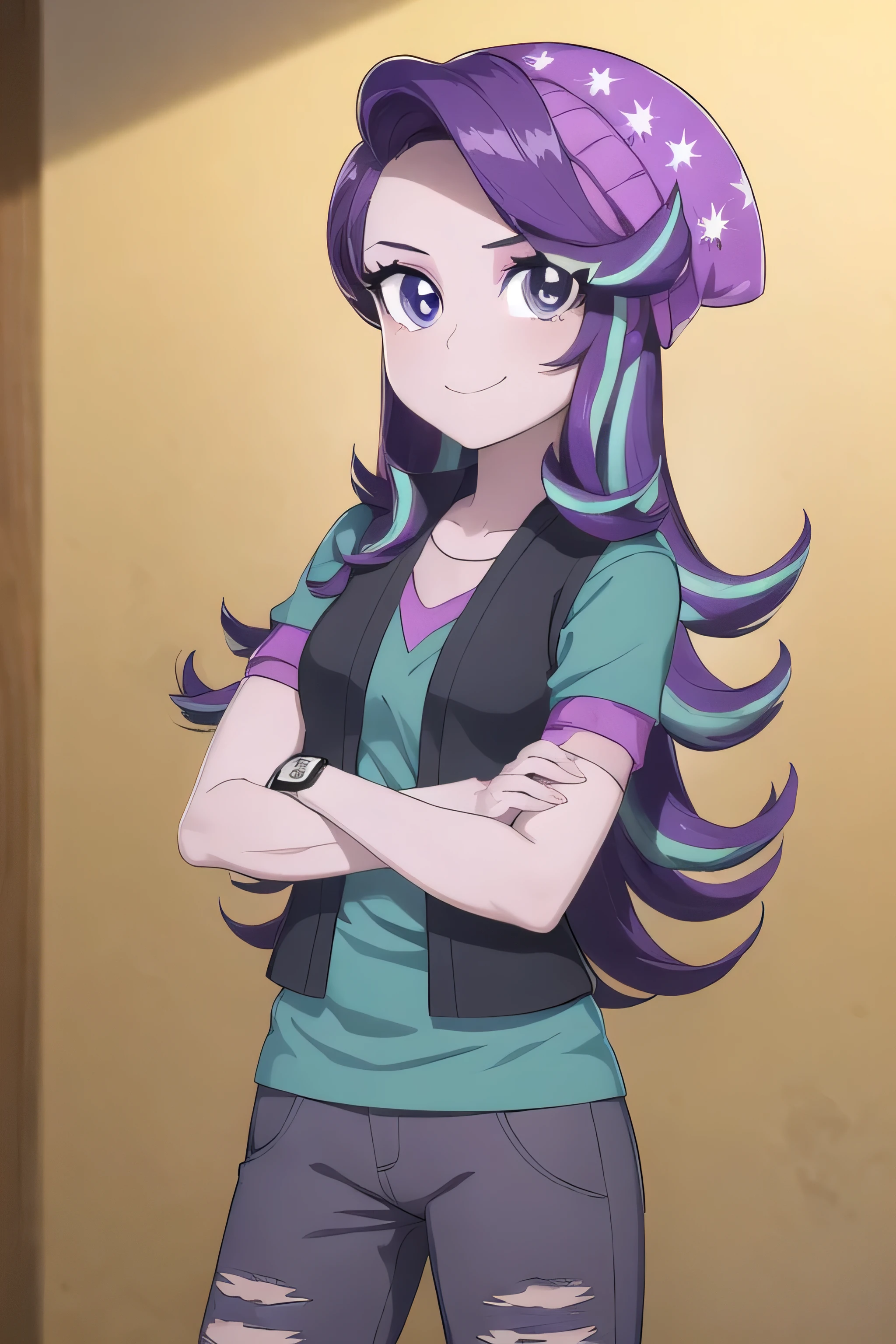 (masterpiece, best quality:1.2), cowboy shot, solo, 1girl, mlpglimmer, colored skin, smile, looking at viewer, crossed arms, streaked hair, purple eyes, hat, torn clothes, shirt, short sleeves, vest, pants