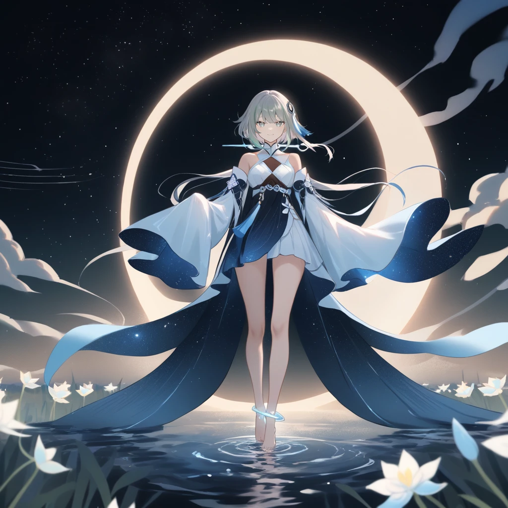 1girl, guizhong_\(genshin_impact\),light grey hair,short_hair_with_long_locks,starry_sky_print,detached_sleeves, long sleeves_past_fingers,hanfu,illustrated by matsuryuu and agahari and dsmile,pale blue eyes,stunning field of softly glowing blue and white glaze lilies,night scene,gentle smile,moonlight,glossy lips,vivid anime coloring,cel shading,smooth, soft dreamy focus,anklet,halter_top,white clothes,highly detailed,digital painting,field of flowers,bare_shoulders,wlop,barefoot,cool night tones, magical night scene,masterpiece, best quality, film, professional, 4k, highly detailed,Guardian nebula of rainbow light and silvery vapor,starry,cosmic,goddess,rich color,hdr,silver moon,

A woman shrouded in mystery, Stand gracefully on the endless shore, Surrounded by shimmering stardust, The harmony crystal she held in her hand emitted a soft glow, Creates a faint glow in the haze. Her face, Full of expression and depth

Her eyes Reflecting an awareness of suffering and an indomitable desire to restore light to a forgotten world. 

She wore a dress woven from luminous fabric, It was as if the light itself had become intertwined in her existence. The dress is elegant and flowy, Creates gentle movements in the night breeze. Its color palette reflects the spectrum, From ocean blue to crystal white.

Her posture, Both upright and elegant, Convey courage and determination in the face of darkness. Her hand gripped the Harmony Crystal tightly, As if she were the last guardian of hope in the silent world. 

The dark night sky is dotted with sparkles. The vast sea stretched out in front